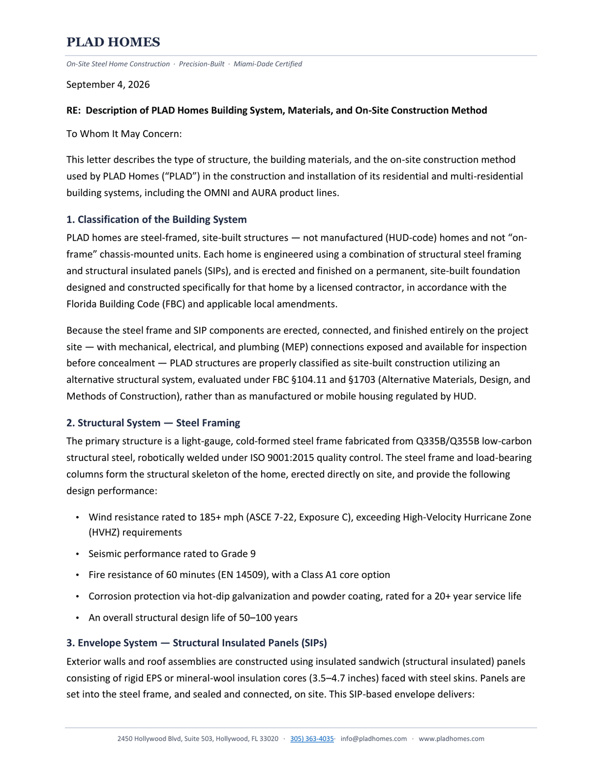 First page of the PLAD Homes Construction Type & Materials Letter, dated September 4, 2026