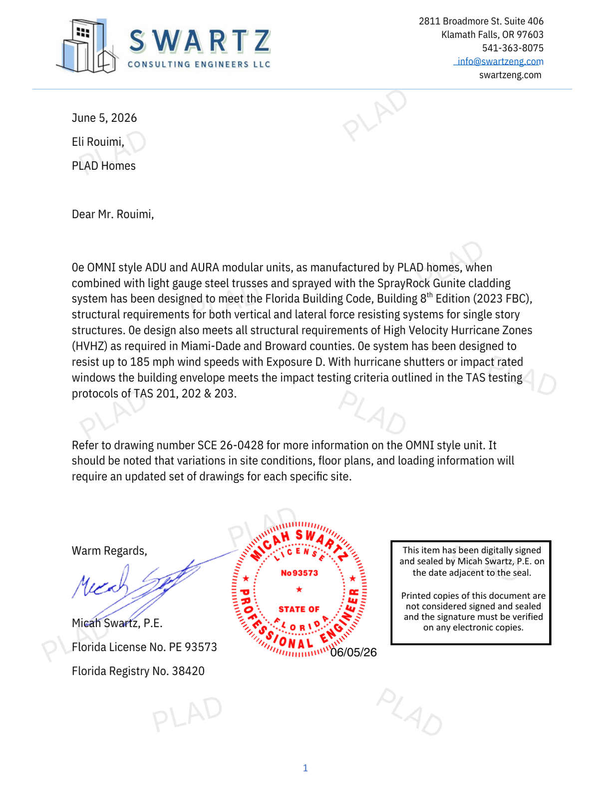 First page of the Swartz Consulting Engineers structural certification letter for PLAD Homes OMNI and AURA units, dated June 5, 2026