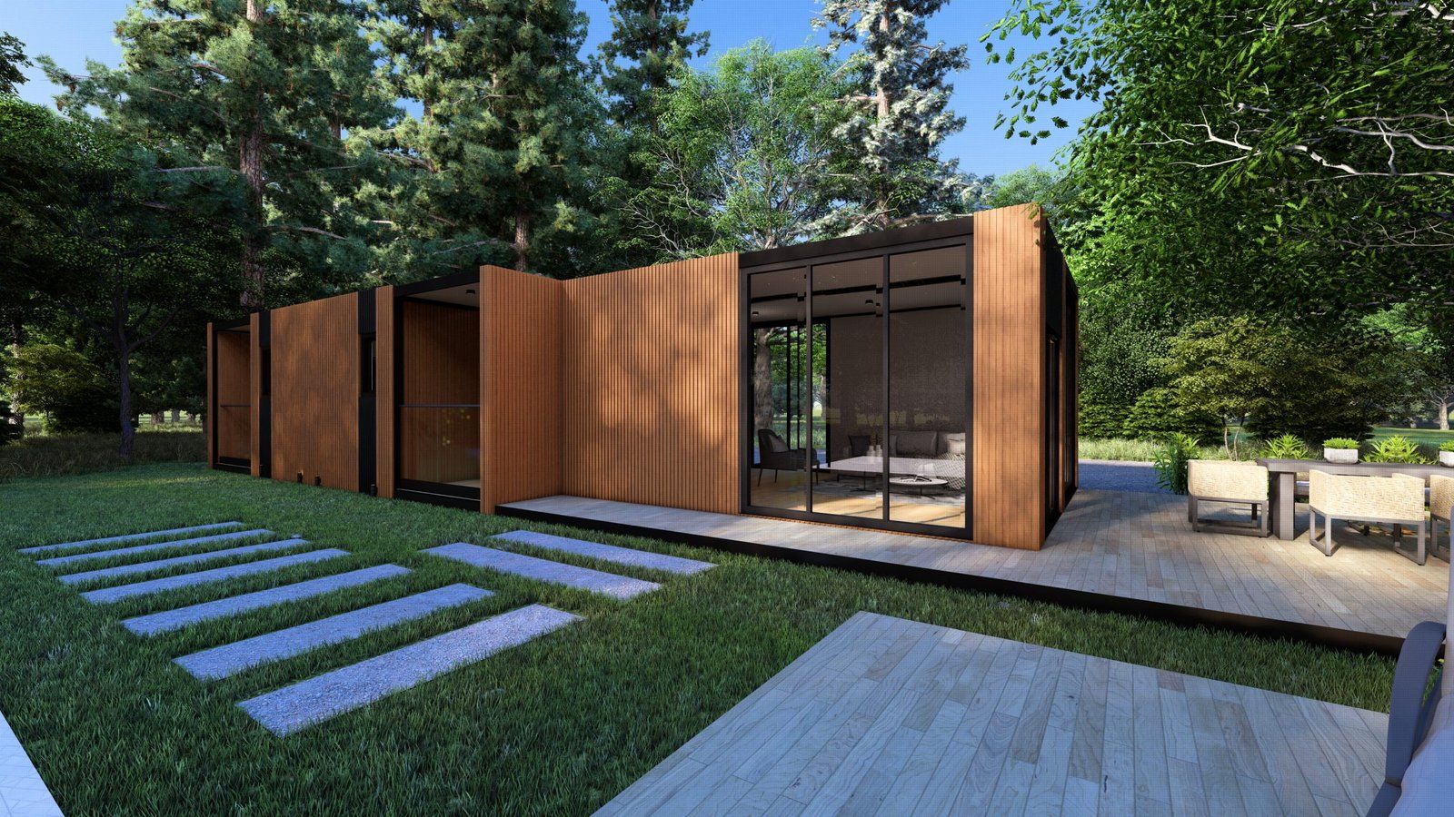 Single-story PLAD steel structure home in warm wood with sliding glass doors opening onto a deck