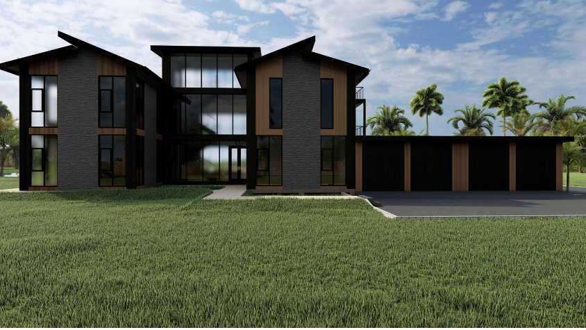 Two-story PLAD steel structure home with dark stone and wood cladding and an attached carport