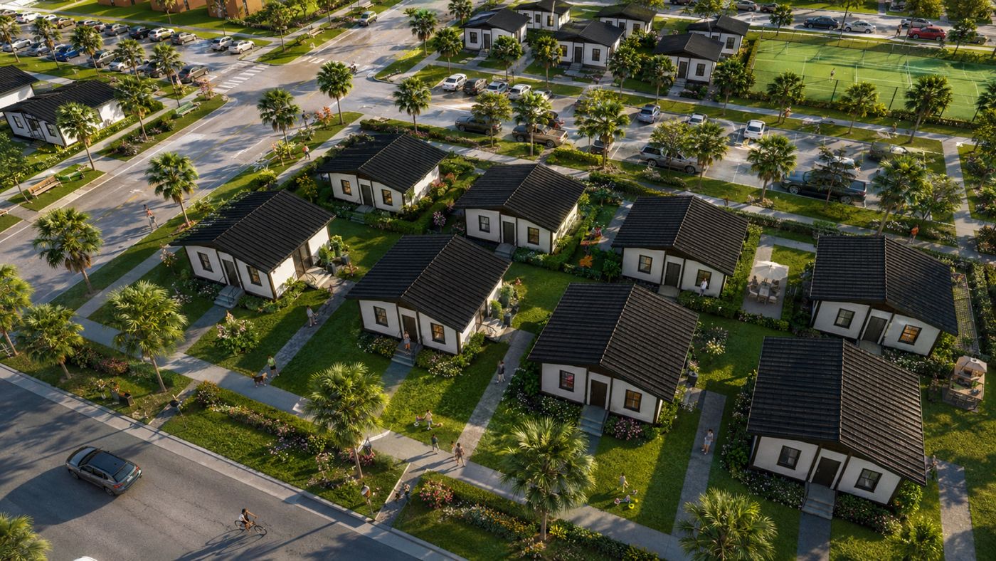 Aerial view of a neighborhood of single-story PLAD steel homes with dark roofs, palm trees and walkways
