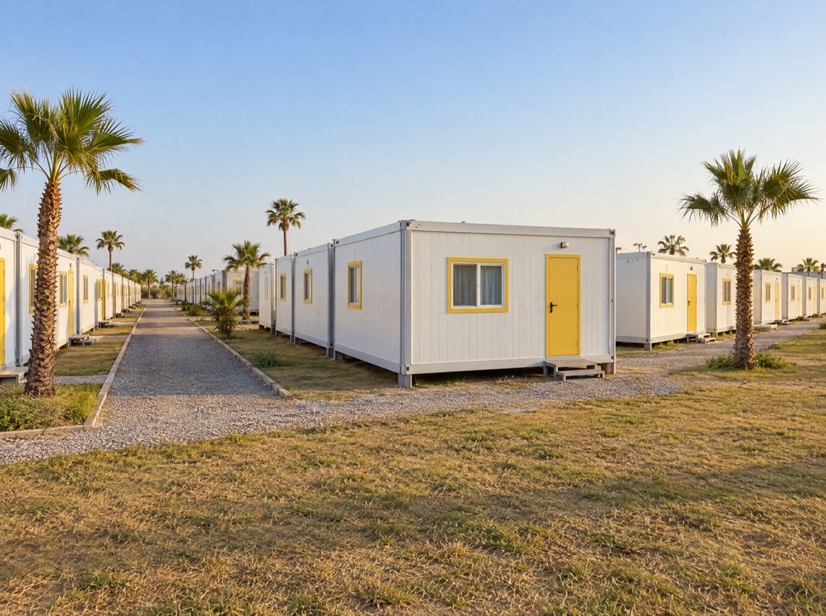 Illustration of rows of white prefabricated modular cabins with yellow doors in a temporary fan village