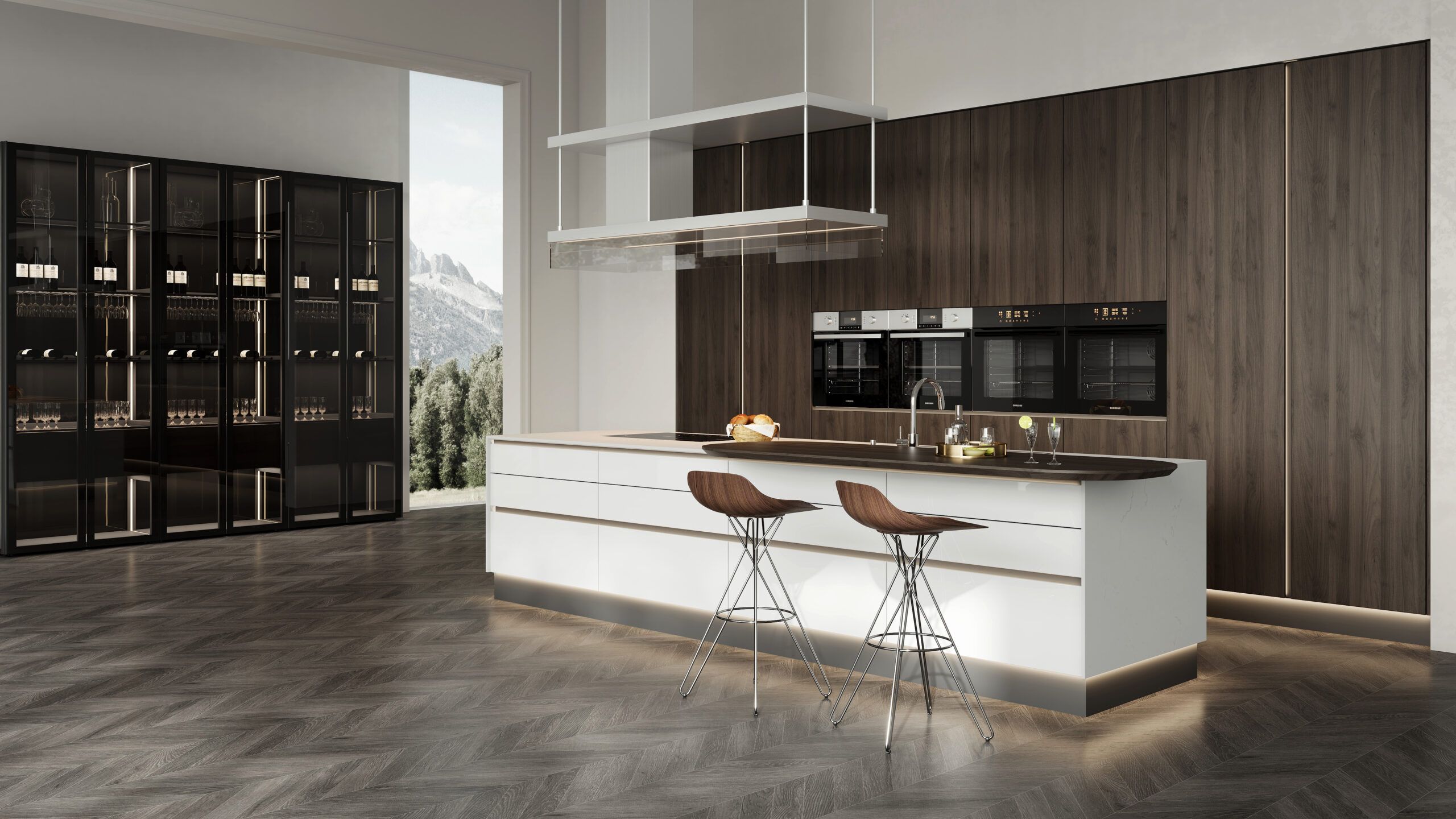 Suofeiya walnut and white kitchen cabinetry with a center island