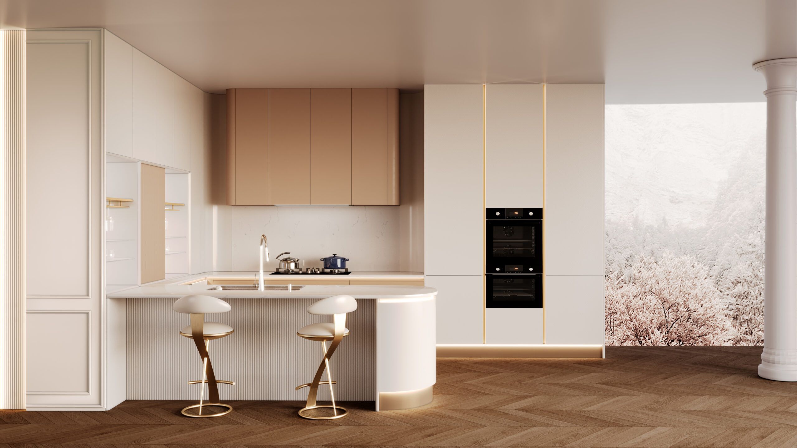 Suofeiya cream and wood-tone kitchen cabinetry with built-in ovens
