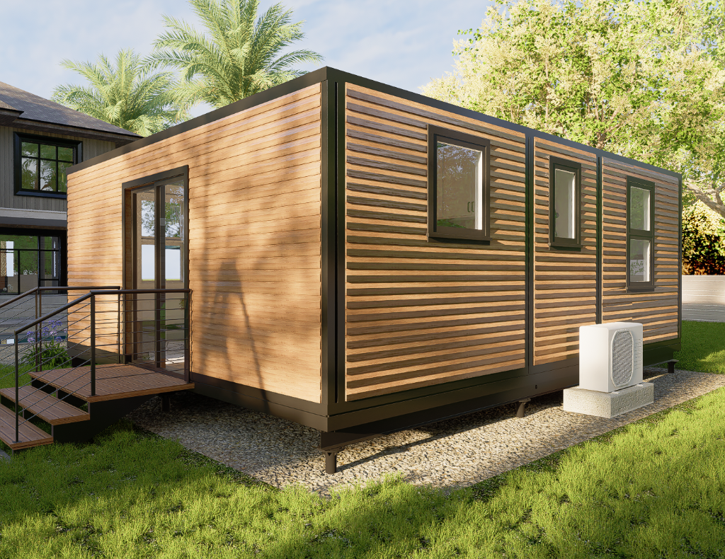 PLAD home configured with a wood-tone exterior